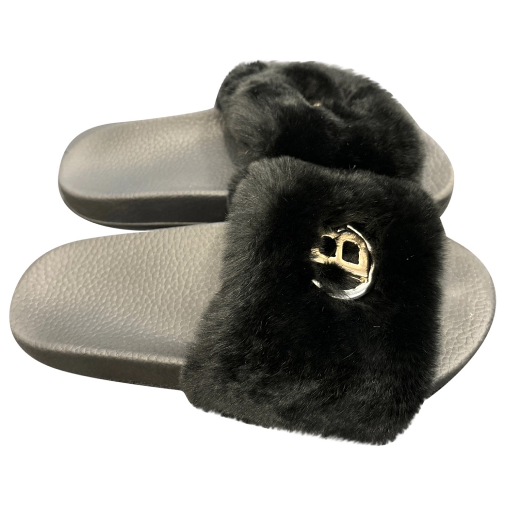 Baldinini Black Fur Slippers With Gold Accent